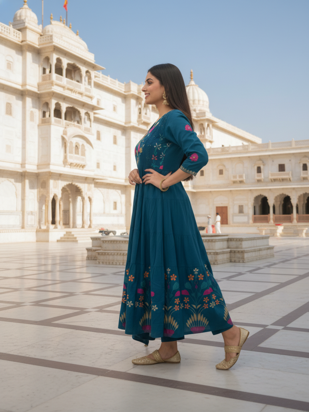 Floral Printed & Solid Embroidered A-Line Kurta with Pant & Dupatta - Blue