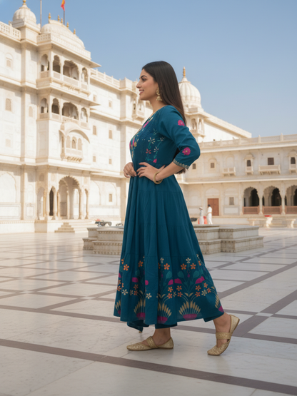 Floral Printed & Solid Embroidered A-Line Kurta with Pant & Dupatta - Blue