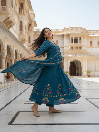 Floral Printed & Solid Embroidered A-Line Kurta with Pant & Dupatta - Blue