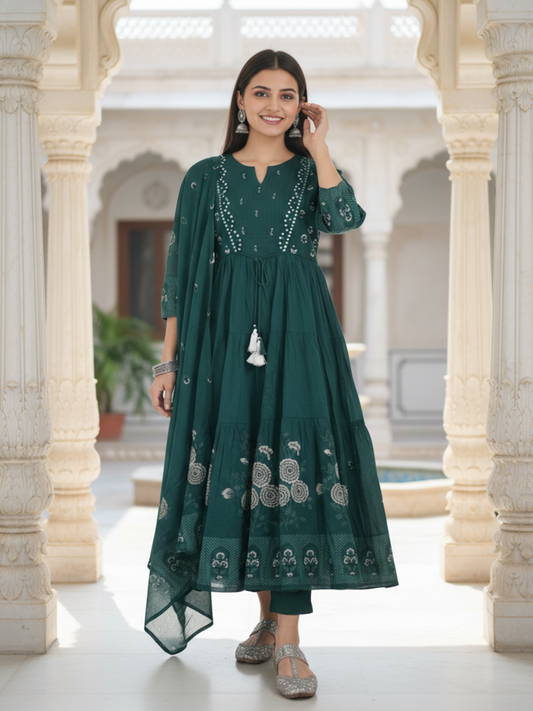 Ethnic Printed & Solid Mirror Work, Sequin & Embroidered A-Line Kurta with Palazzo & Dupatta - Teal