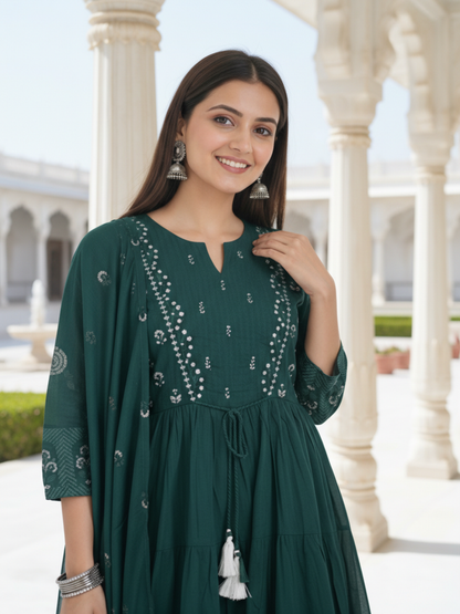 Ethnic Printed & Solid Mirror Work, Sequin & Embroidered A-Line Kurta with Palazzo & Dupatta - Teal