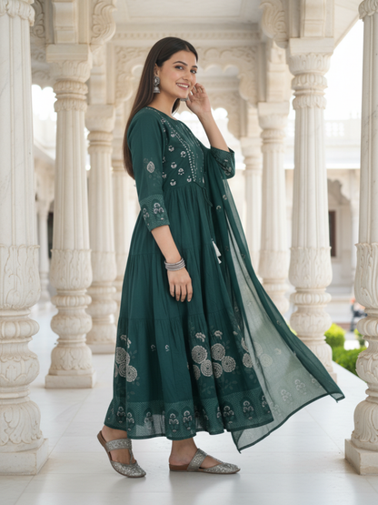 Ethnic Printed & Solid Mirror Work, Sequin & Embroidered A-Line Kurta with Palazzo & Dupatta - Teal