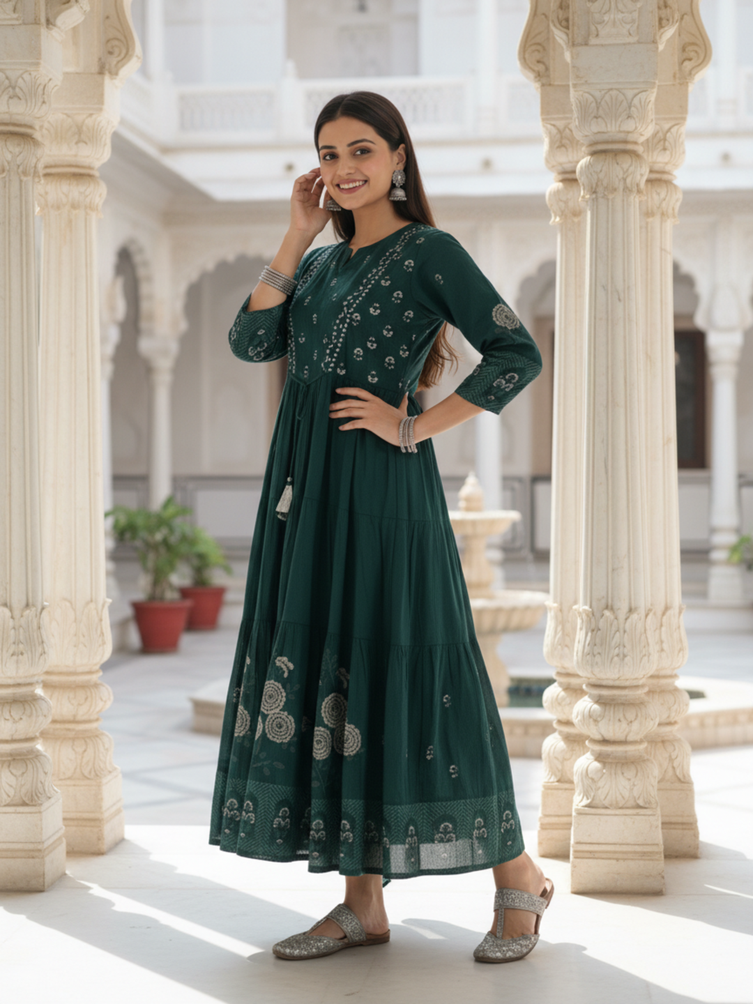 Ethnic Printed & Solid Mirror Work, Sequin & Embroidered A-Line Kurta with Palazzo & Dupatta - Teal
