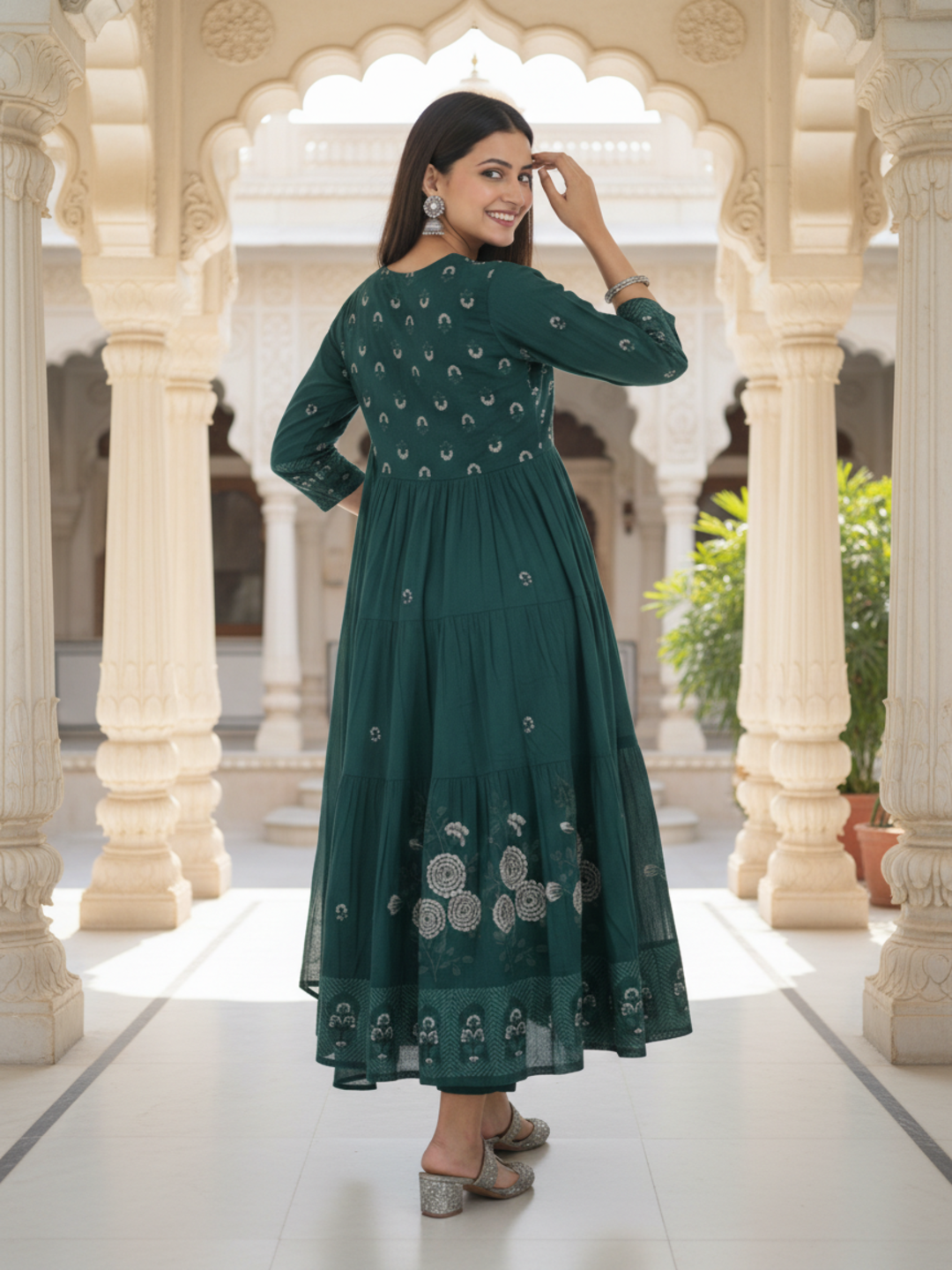 Ethnic Printed & Solid Mirror Work, Sequin & Embroidered A-Line Kurta with Palazzo & Dupatta - Teal