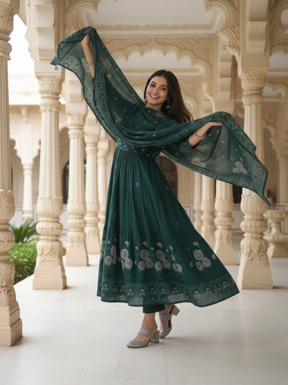 Ethnic Printed & Solid Mirror Work, Sequin & Embroidered A-Line Kurta with Palazzo & Dupatta - Teal