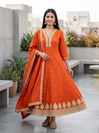 Solid Sequin & Embroidered Anarkali Kurta with Pant & Dupatta - Rust