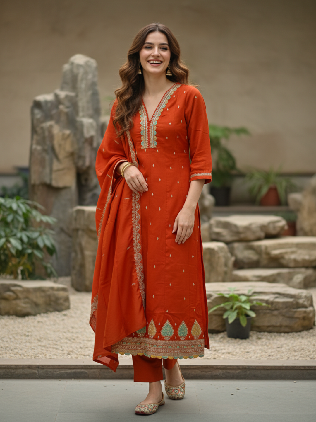 Solid Sequin & Embroidered Anarkali Kurta with Pant & Dupatta - Rust
