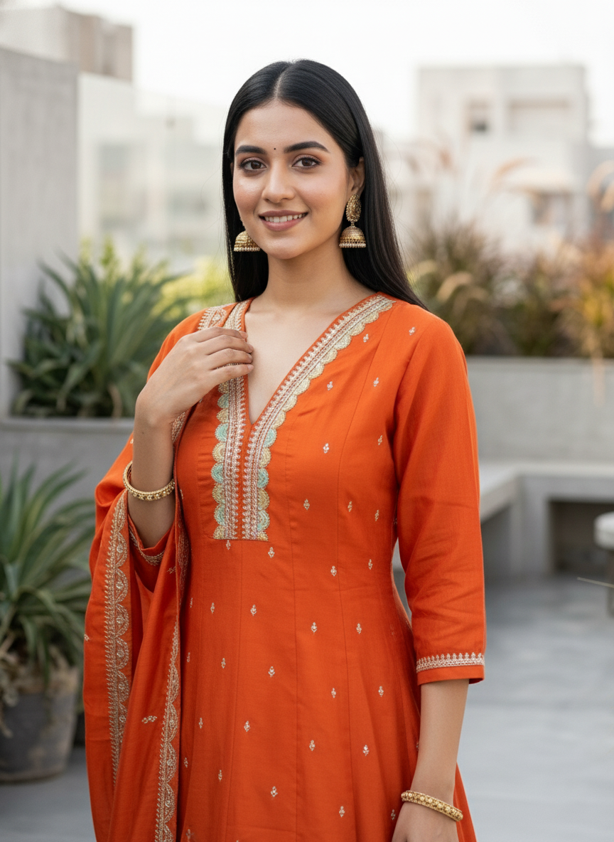 Solid Sequin & Embroidered Anarkali Kurta with Pant & Dupatta - Rust