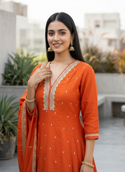 Solid Sequin & Embroidered Anarkali Kurta with Pant & Dupatta - Rust
