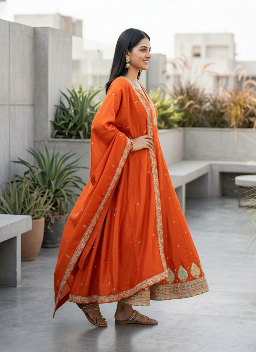 Solid Sequin & Embroidered Anarkali Kurta with Pant & Dupatta - Rust