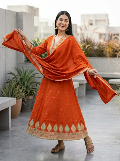 Solid Sequin & Embroidered Anarkali Kurta with Pant & Dupatta - Rust