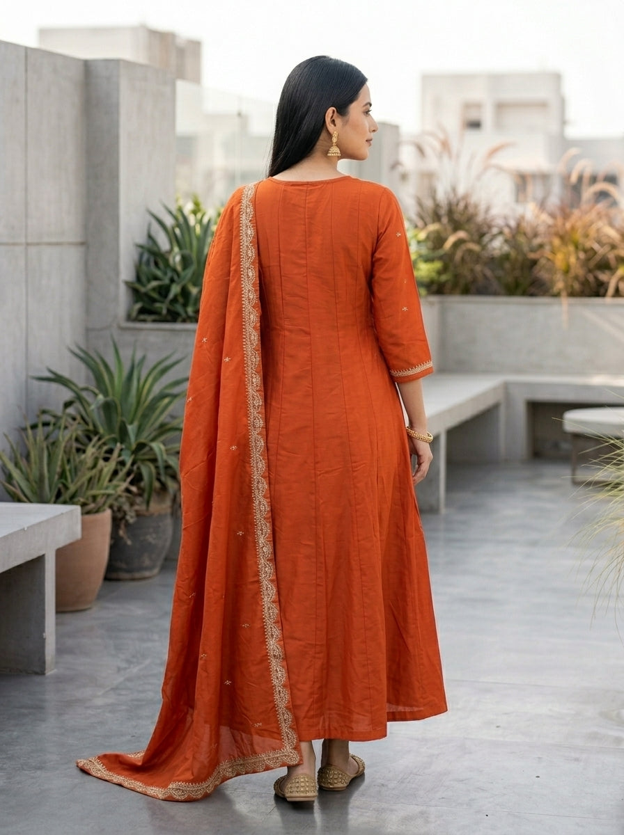 Solid Sequin & Embroidered Anarkali Kurta with Pant & Dupatta - Rust