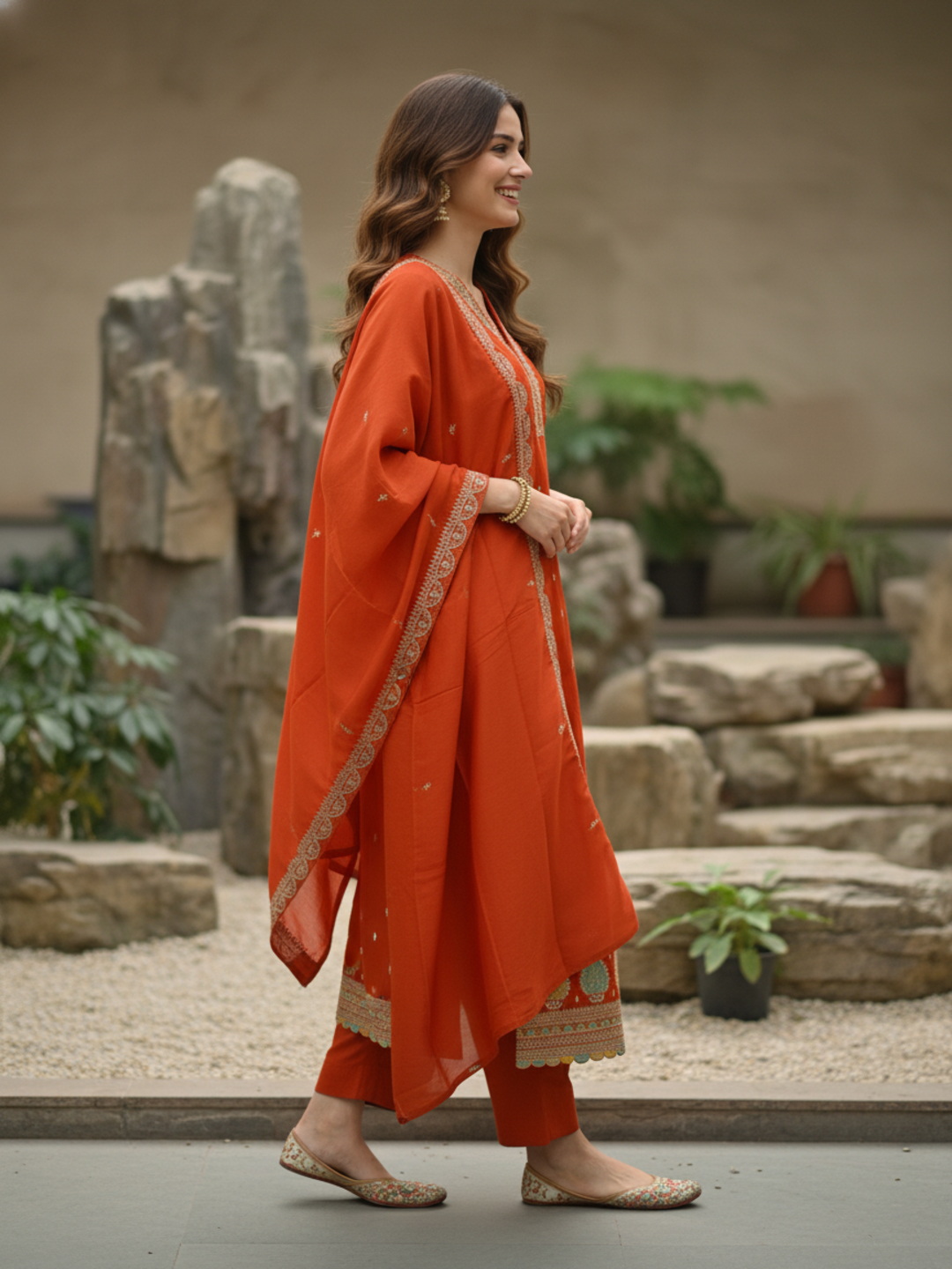 Solid Sequin & Embroidered Anarkali Kurta with Pant & Dupatta - Rust