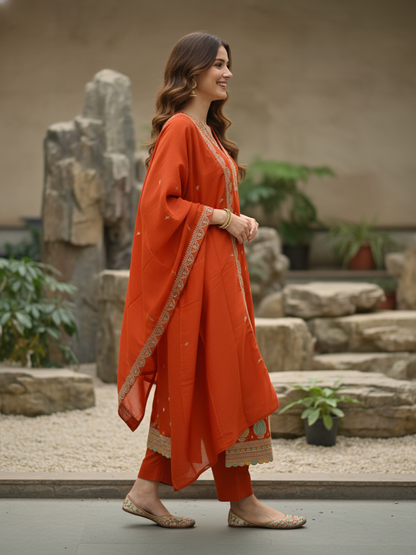 Solid Sequin & Embroidered Anarkali Kurta with Pant & Dupatta - Rust