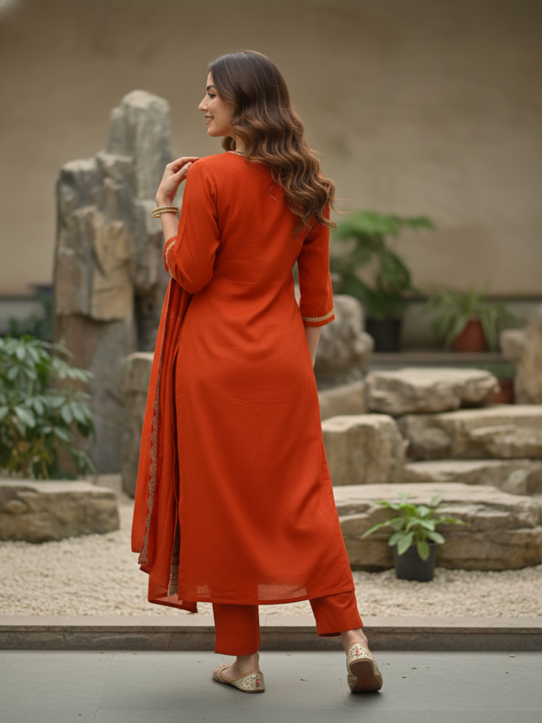 Solid Sequin & Embroidered Anarkali Kurta with Pant & Dupatta - Rust