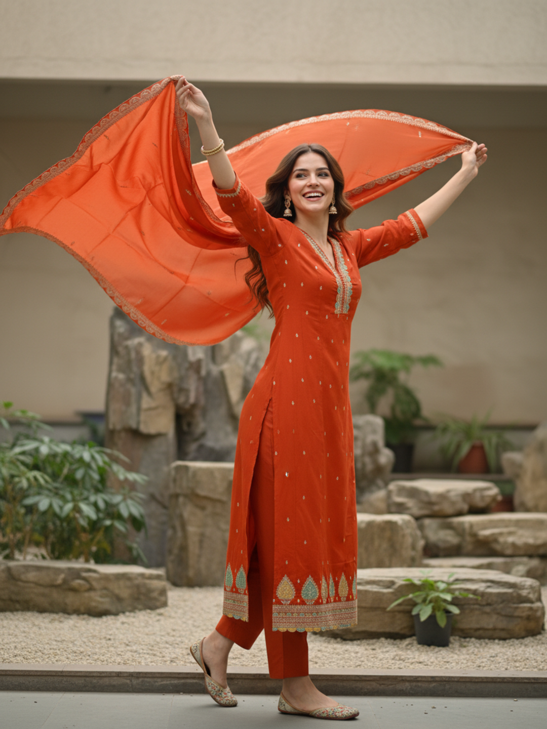 Solid Sequin & Embroidered Anarkali Kurta with Pant & Dupatta - Rust