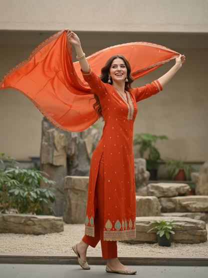 Solid Sequin & Embroidered Anarkali Kurta with Pant & Dupatta - Rust
