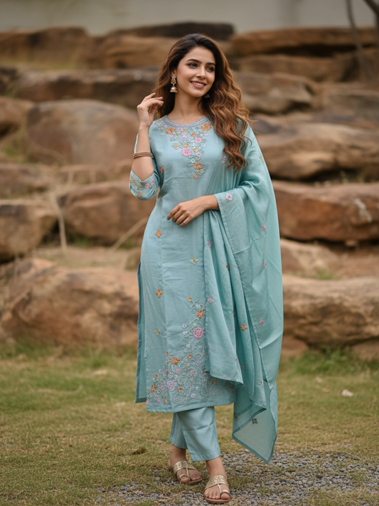Solid Sequin & Embroidered Straight Chanderi Kurta with Pant & Dupatta - Blue