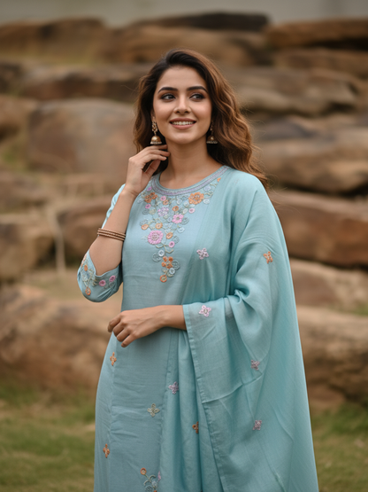 Solid Sequin & Embroidered Straight Chanderi Kurta with Pant & Dupatta - Blue