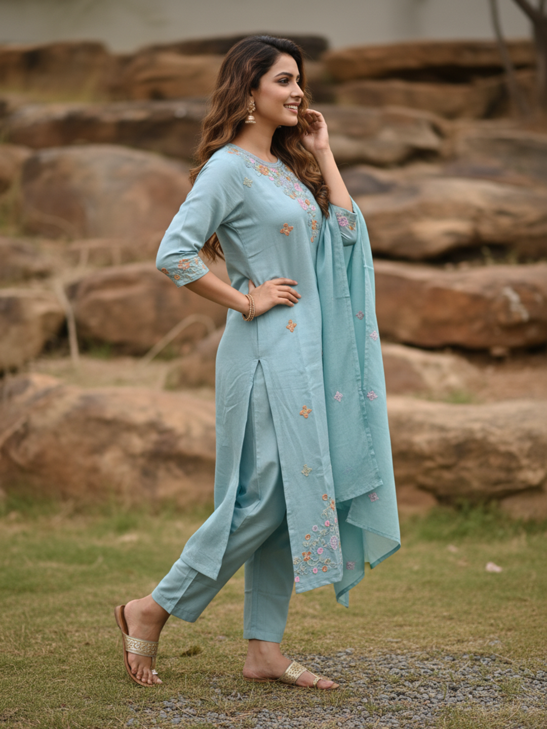Solid Sequin & Embroidered Straight Chanderi Kurta with Pant & Dupatta - Blue