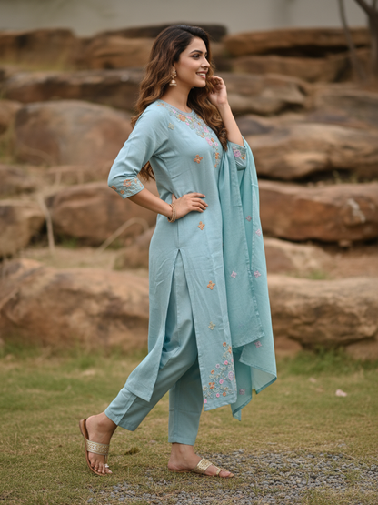 Solid Sequin & Embroidered Straight Chanderi Kurta with Pant & Dupatta - Blue