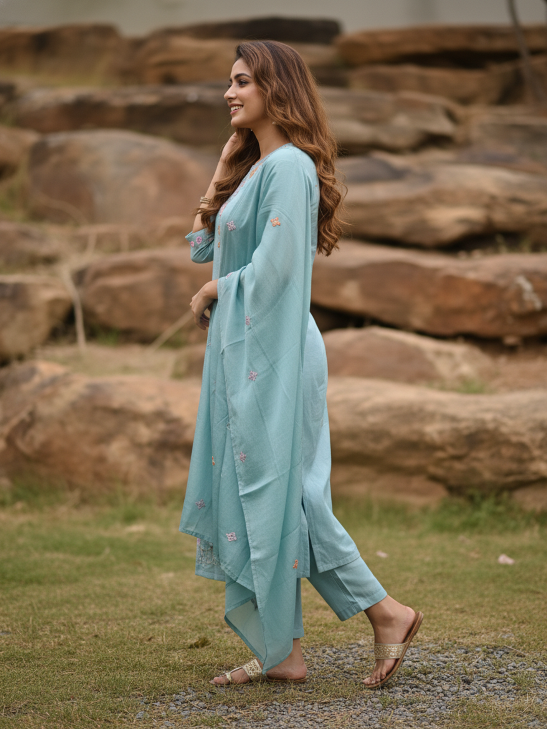Solid Sequin & Embroidered Straight Chanderi Kurta with Pant & Dupatta - Blue