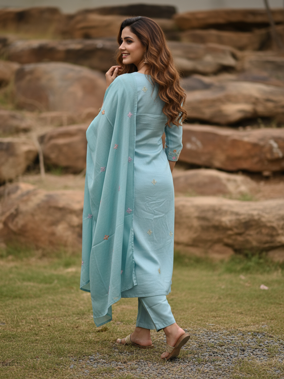 Solid Sequin & Embroidered Straight Chanderi Kurta with Pant & Dupatta - Blue