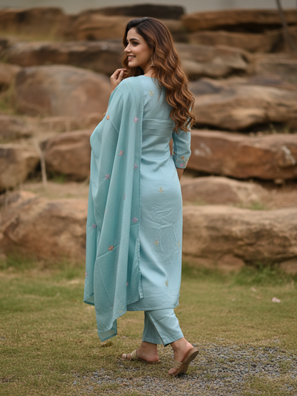 Solid Sequin & Embroidered Straight Chanderi Kurta with Pant & Dupatta - Blue