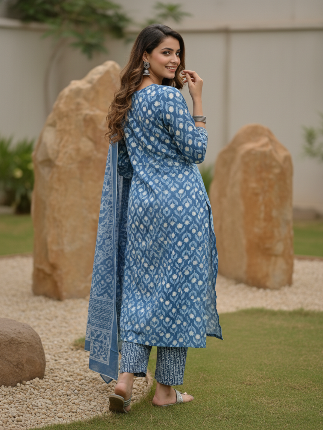 Floral Printed Schiffili Embellished Straight Kurta with Pyjama & Dupatta - Blue