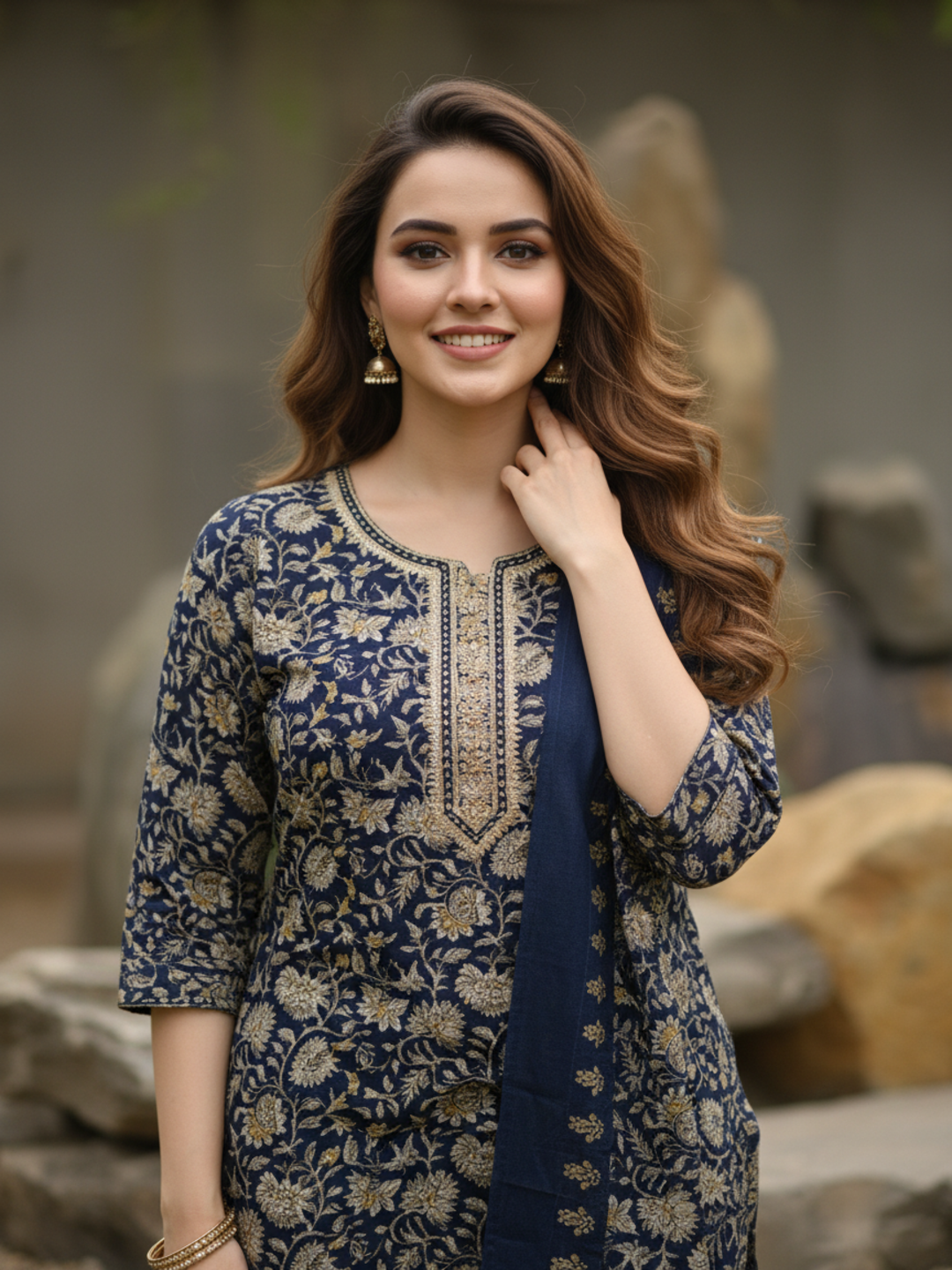 Ethnic Printed Mirror Work & Embroidered Straight Kurta with Pant & Dupatta - Blue