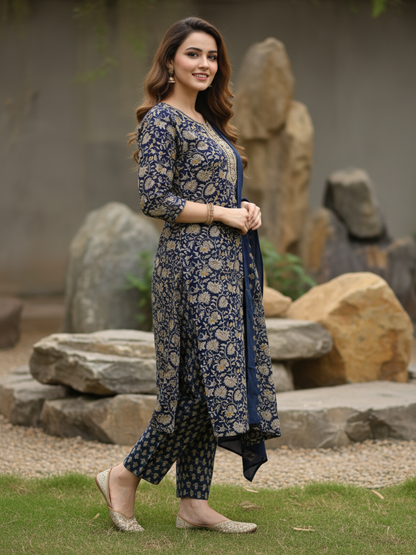 Ethnic Printed Mirror Work & Embroidered Straight Kurta with Pant & Dupatta - Blue