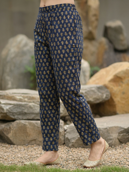 Ethnic Printed Mirror Work & Embroidered Straight Kurta with Pant & Dupatta - Blue
