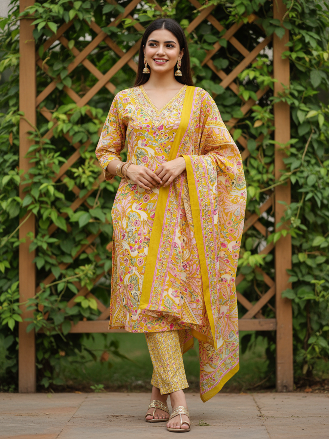Floral Printed Mirror Work & Embroidered Straight Kurta with Pant & Dupatta - Mustard