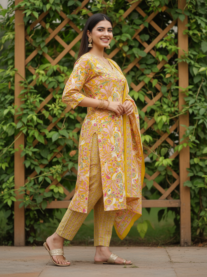 Floral Printed Mirror Work & Embroidered Straight Kurta with Pant & Dupatta - Mustard