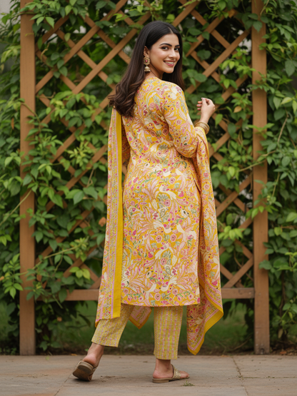 Floral Printed Mirror Work & Embroidered Straight Kurta with Pant & Dupatta - Mustard