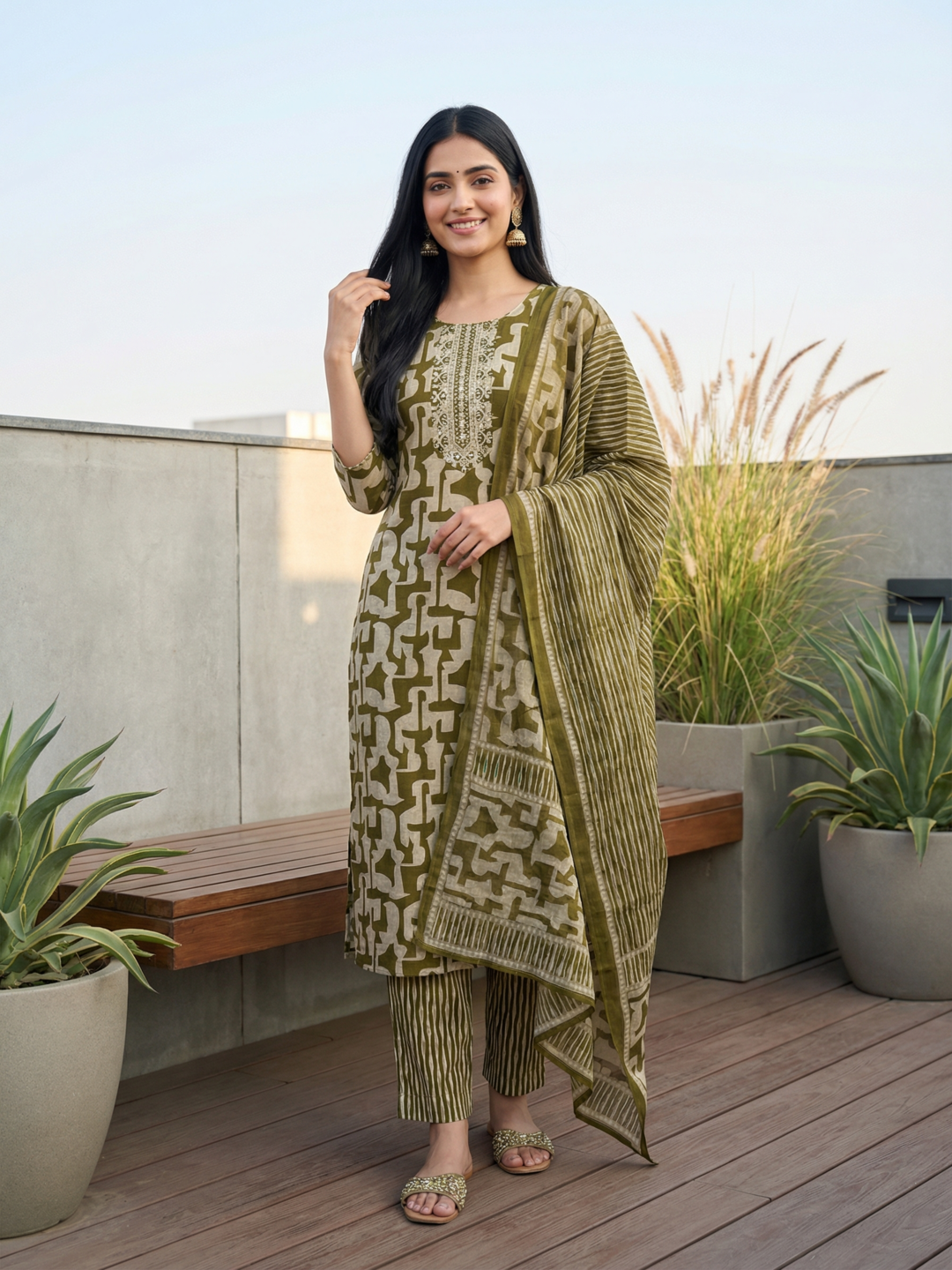Abstract Printed Mirror Work & Embroidered Straight Kurta with Pant & Dupatta - Green