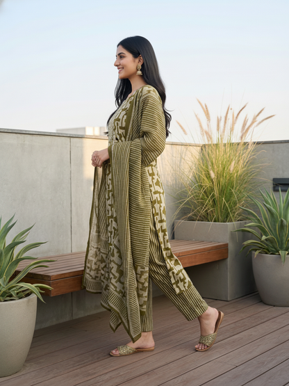 Abstract Printed Mirror Work & Embroidered Straight Kurta with Pant & Dupatta - Green