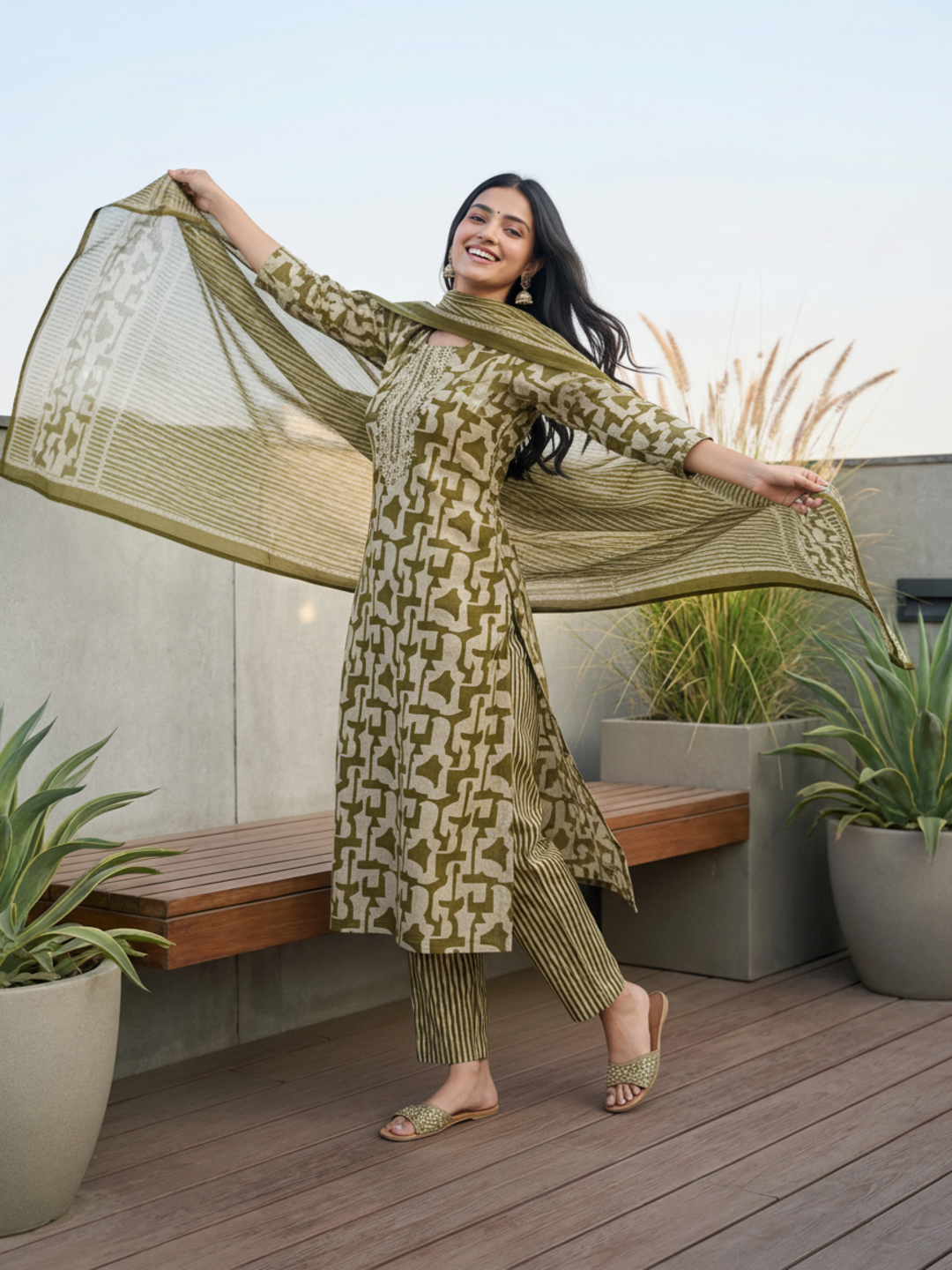 Abstract Printed Mirror Work & Embroidered Straight Kurta with Pant & Dupatta - Green