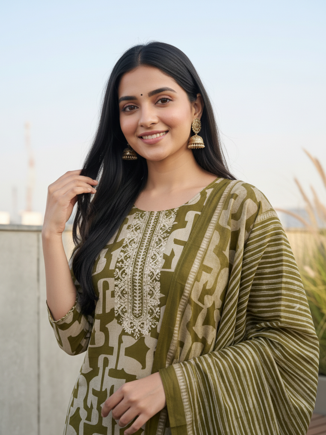 Abstract Printed Mirror Work & Embroidered Straight Kurta with Pant & Dupatta - Green