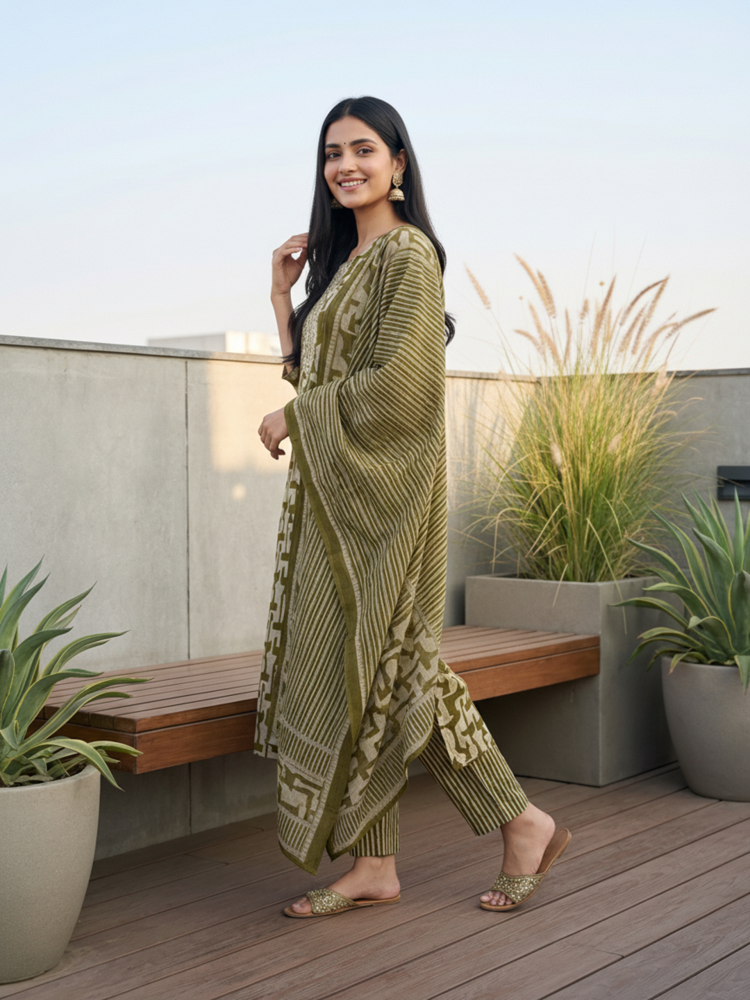 Abstract Printed Mirror Work & Embroidered Straight Kurta with Pant & Dupatta - Green