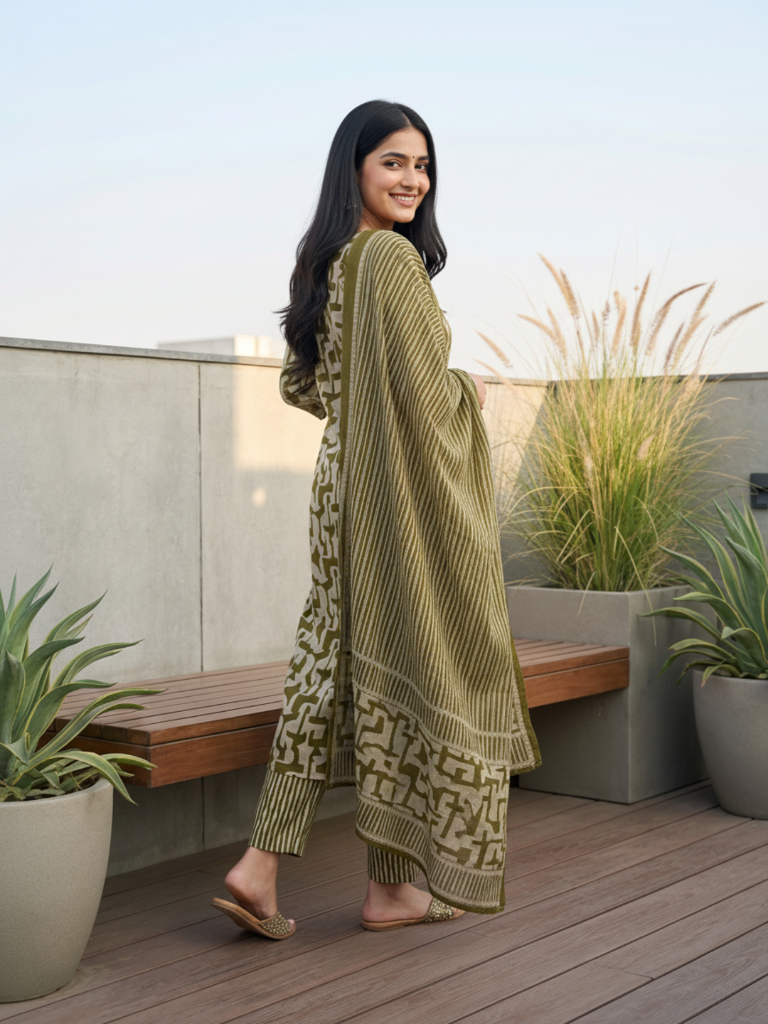Abstract Printed Mirror Work & Embroidered Straight Kurta with Pant & Dupatta - Green