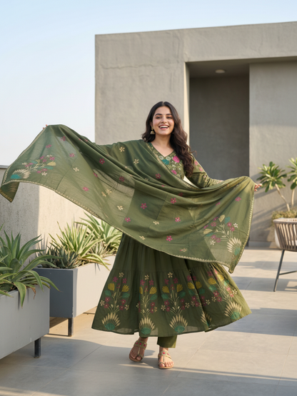Floral Printed & Solid Embroidered A-Line Kurta with Pant & Dupatta - Green