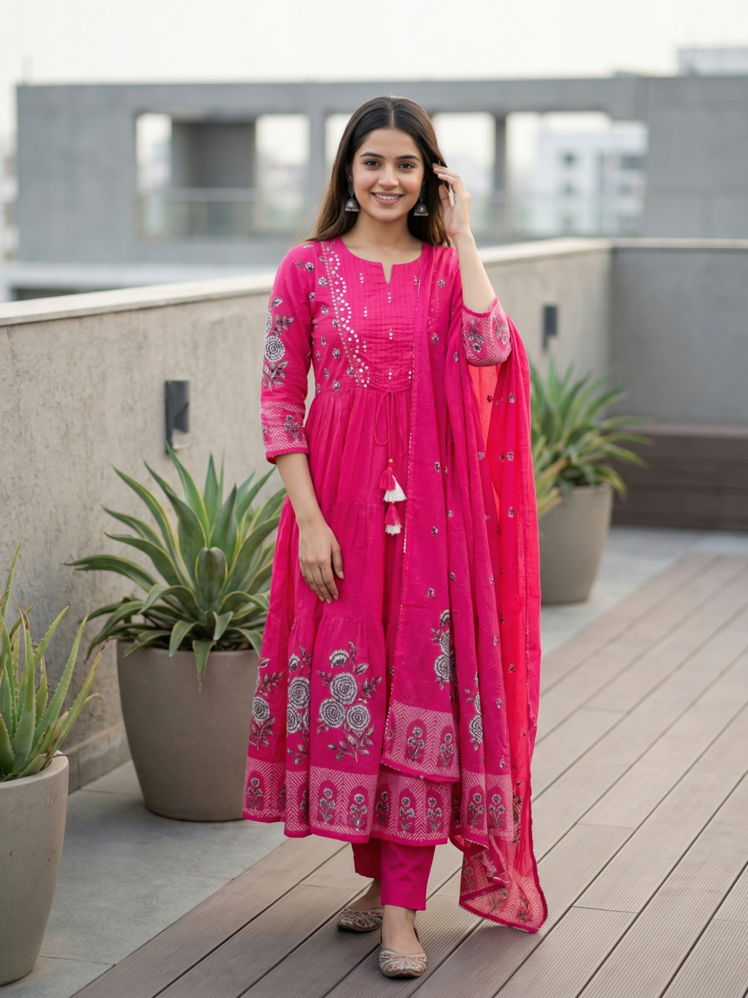 Ethnic Printed & Solid Mirror Work, Sequin & Embroidered A-Line Kurta with Palazzo & Dupatta - Rani Pink