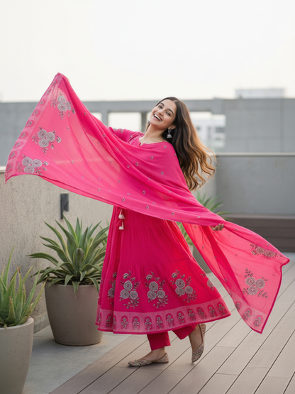 Ethnic Printed & Solid Mirror Work, Sequin & Embroidered A-Line Kurta with Palazzo & Dupatta - Rani Pink