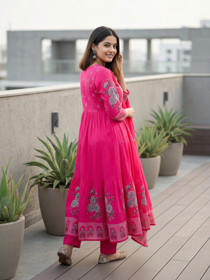 Ethnic Printed & Solid Mirror Work, Sequin & Embroidered A-Line Kurta with Palazzo & Dupatta - Rani Pink
