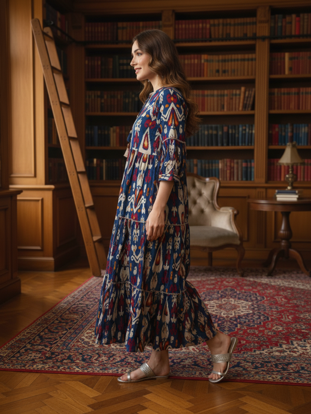 Ethnic Printed Sequin Embellished Fit & Flare Maxi Dress - Blue