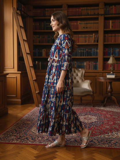 Ethnic Printed Sequin Embellished Fit & Flare Maxi Dress - Blue