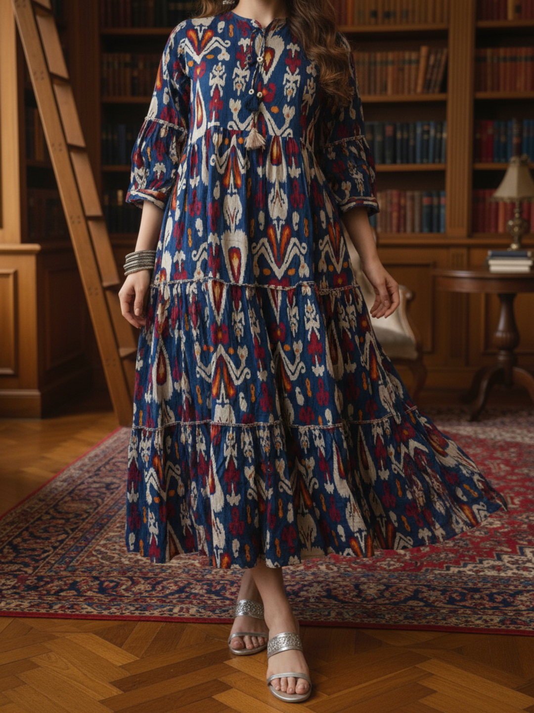 Ethnic Printed Sequin Embellished Fit & Flare Maxi Dress - Blue