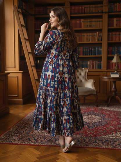 Ethnic Printed Sequin Embellished Fit & Flare Maxi Dress - Blue