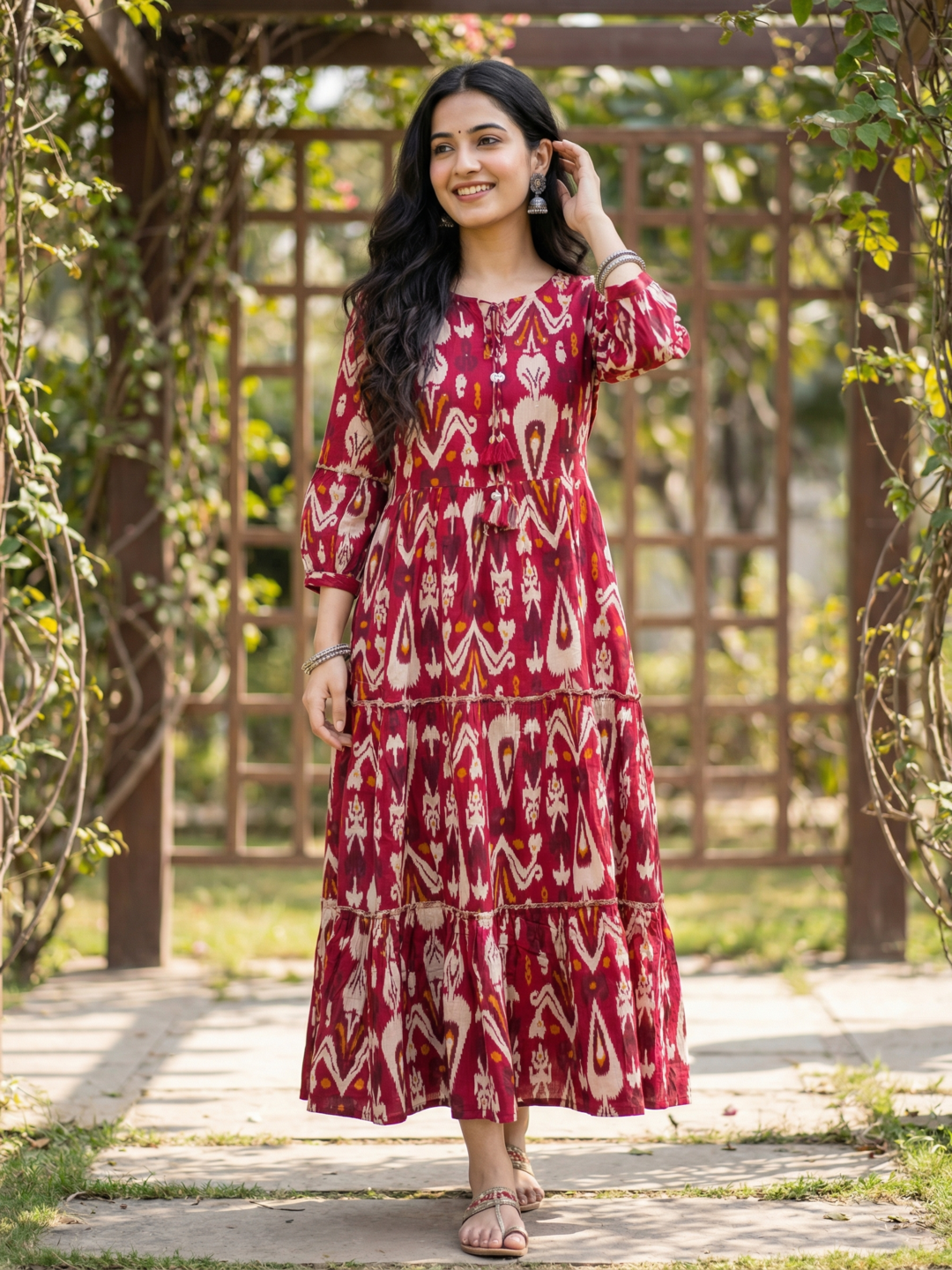 Ethnic Ikat Printed Fit & Flare Maxi Dress with Tassel Detailing - Red